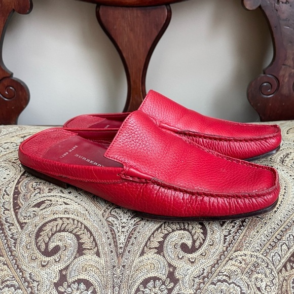 Burberry Shoes - Burberry Hand Made Red Leather Slip On Squared Toe Mules Flats Shoes Size 7